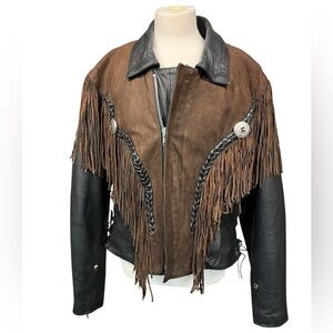 Fringed Two-Tone Leather Jacket - Brown & Black